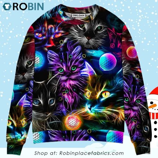 Cat Play Golf Neon Lightning Colorful Style Christmas Ugly Sweater, Sweatshirt