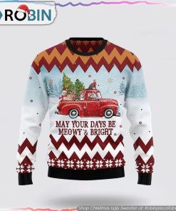 Cat Red Truck Ugly Christmas Sweater Cat Lover Christmas Sweater