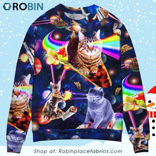 Cat Ride Food In Space Galaxy Ugly Christmas Sweater