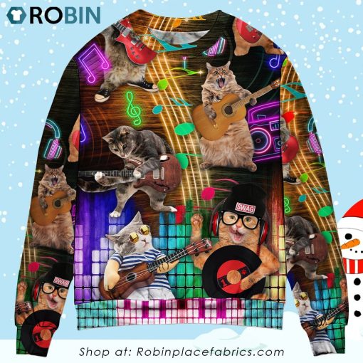Cat Rocker Lets Play Music Lovely Style Christmas Ugly Sweater, Sweatshirt
