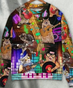 Cat Rocker Lets Play Music Lovely Style Christmas Ugly Sweater, Sweatshirt