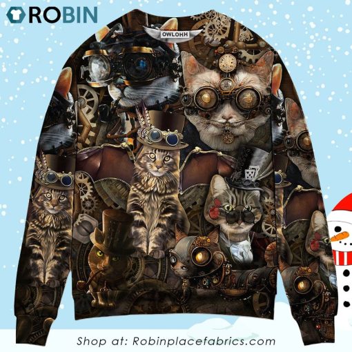 Cat Steampunk We’re All Mad Here Ugly Christmas Sweater