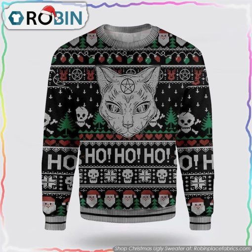Cat Sweater Wicca Black Cat Ho Ho Ho Christmas Pattern Ugly Sweater Cat Lover Christmas Sweater
