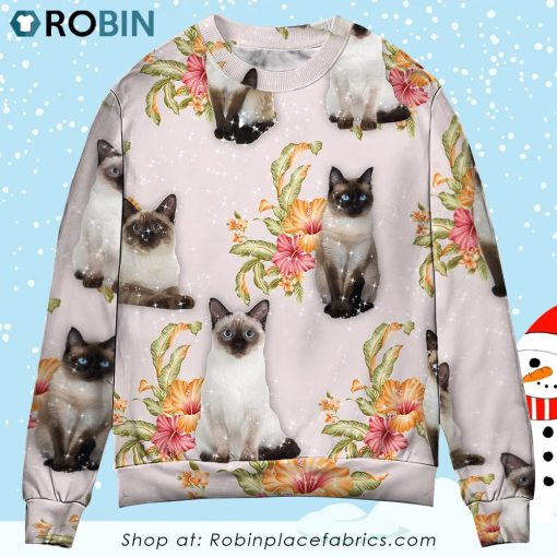 Cat Tropical Floral Siamese Cat Ugly Christmas Sweater