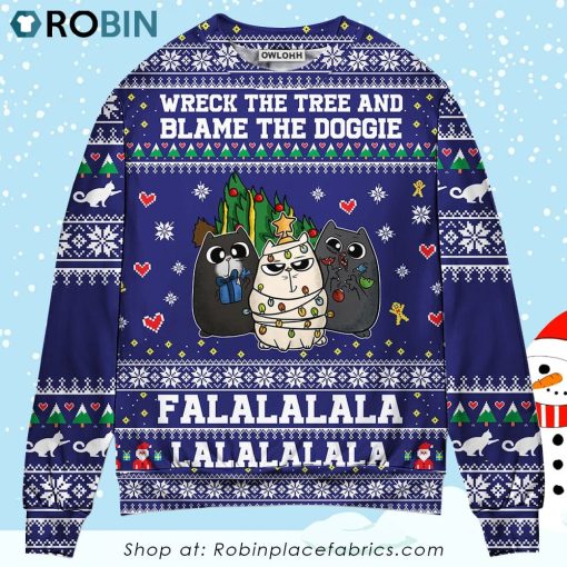 Cat Wreck The Tree Meowy Christmas Style Ugly Christmas Sweater