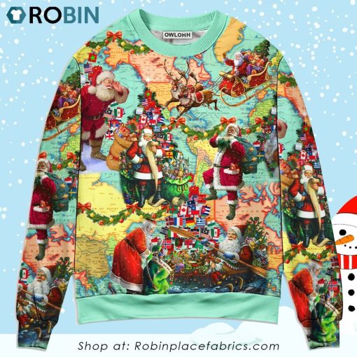 Chirstmas Love Santa World Map Ugly Christmas Sweater