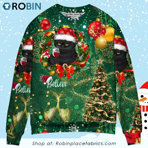Christmas Black Cat Drinking Happy Christmas Tree Green Light Christmas Ugly Sweater, Sweatshirt