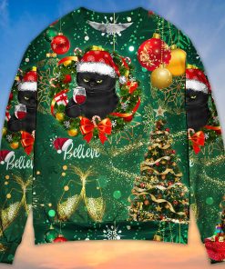 Christmas Black Cat Drinking Happy Christmas Tree Green Light Christmas Ugly Sweater, Sweatshirt