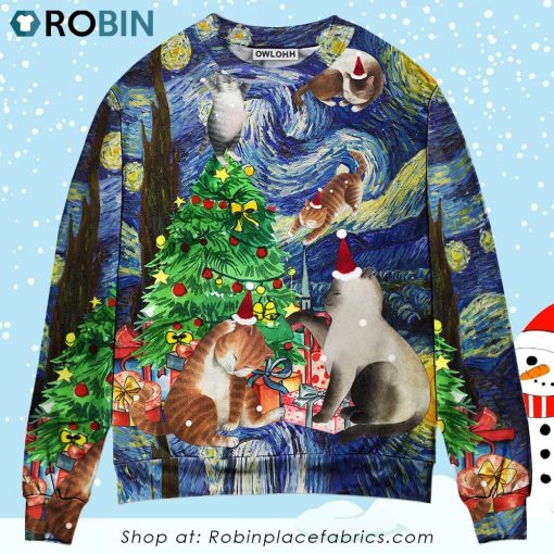 Christmas Cat Playing In Starry Night Ugly Christmas Sweater