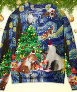 Christmas Cat Playing In Starry Night Ugly Christmas Sweater