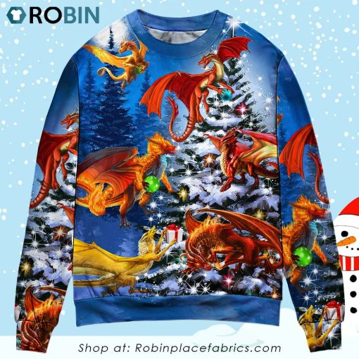 Christmas Dragon Family In Love Light Art Style Christmas Ugly Sweater, Sweatshirt