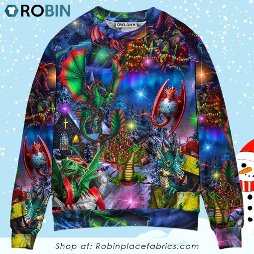 Christmas Dragon Light Art Style Ugly Christmas Sweater