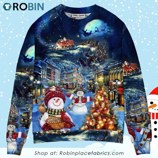 Christmas Family Snowman Santa Claus In Love Light Art Style Christmas Ugly Sweater, Sweatshirt