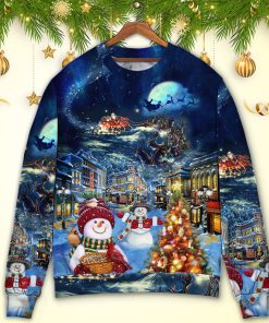 Christmas Family Snowman Santa Claus In Love Light Art Style Christmas Ugly Sweater, Sweatshirt