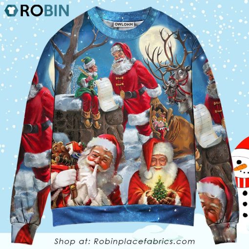 Christmas Funny Santa Claus Elf Xmas Is Coming Blue Sky Art Style Ugly Christmas Sweater