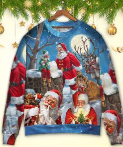 Christmas Funny Santa Claus Elf Xmas Is Coming Blue Sky Art Style Ugly Christmas Sweater Christmas Funny Santa Claus Elf Xmas Is Coming Blue Sky Art Style Ugly Christmas Sweater