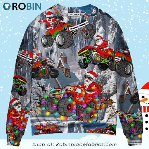 Christmas Funny Santa Claus Riding Red Truck Snow Mountain Christmas Ugly Sweater, Sweatshirt
