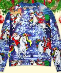 Christmas Funny Santa Claus Riding Unicorn Rainbow Sky Night Christmas Ugly Sweater, Sweatshirt