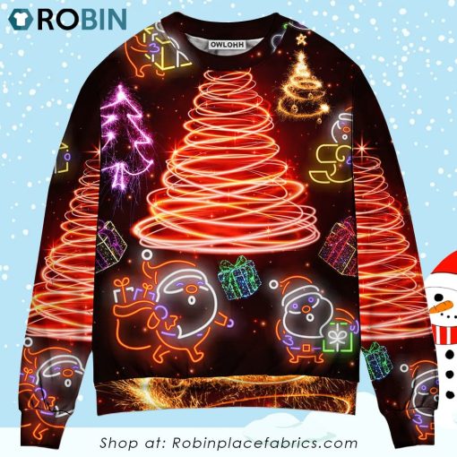 Christmas Funny Santa Claus Tree Red Neon Light Style Ugly Christmas Sweater