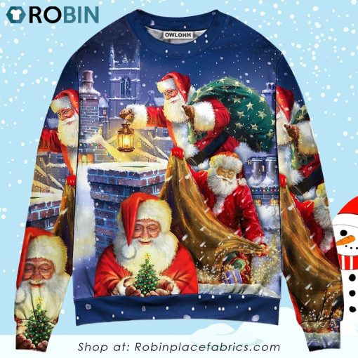 Christmas Funny Santa Claus Up On Rooftop Art Style Ugly Christmas Sweater
