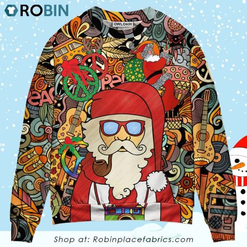 Christmas Hippie Santa Claus Love & Peace Cartoon Style Ugly Christmas Sweater