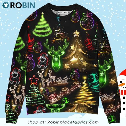 Christmas Neon Art Christmas Tree And Snowman Christmas Ugly Sweater, Sweatshirt