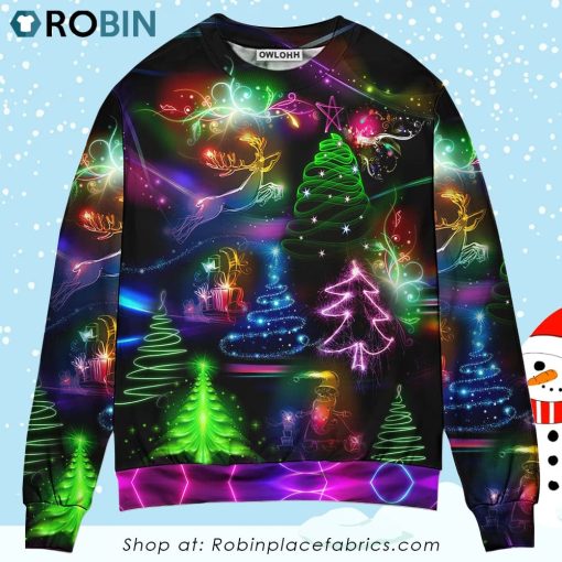 Christmas Neon Art Christmas Tree And Snowman Style Christmas Ugly Sweater, Sweatshirt