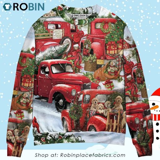 Christmas Red Truck With Xmas Tree And Little Puppy Ugly Christmas Sweater