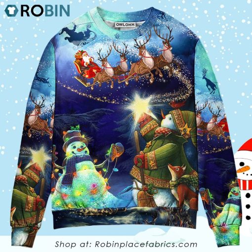 Christmas Rudolph Santa Claus Reindeer Snowman Light Art Style Ugly Christmas Sweater