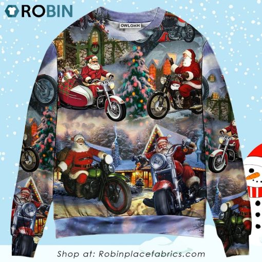 Christmas Santa Claus Driving Motorcycle Bike Gift Light Art Style Ugly Christmas Sweater
