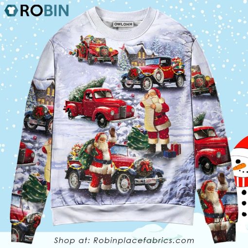Christmas Santa Claus Funny Red Truck Gift For Xmas Painting Style Christmas Ugly Sweater, Sweatshirt