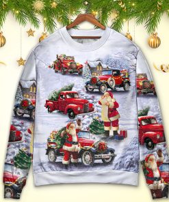 Christmas Santa Claus Funny Red Truck Gift For Xmas Painting Style Christmas Ugly Sweater, Sweatshirt