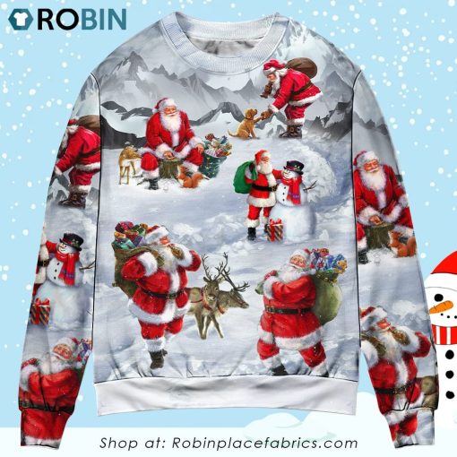 Christmas Santa Claus In The Snow Mountain Art Style Ugly Christmas Sweater