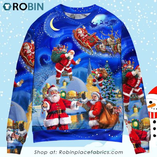 Christmas Santa Claus In The Town Magic Night Art Style Christmas Ugly Sweater, Sweatshirt