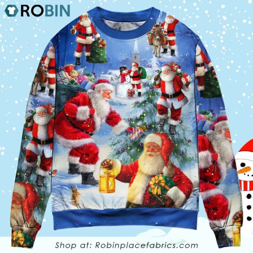Christmas Santa Claus Is Coming Story Night Art Style Christmas Ugly Sweater, Sweatshirt