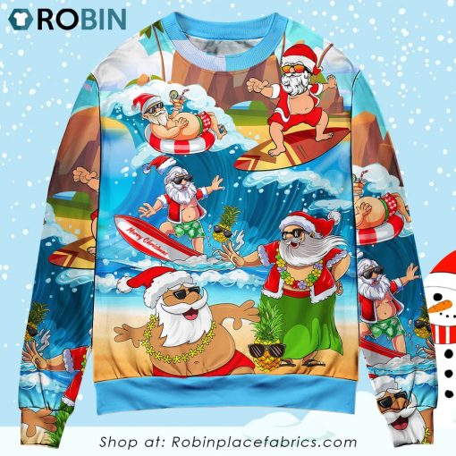 Christmas Santa Claus Play On The Beach Mele Kalikimaka Funny Ugly Christmas Sweater