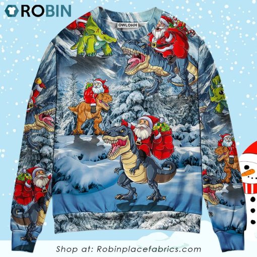 Christmas Santa Claus Riding Dinosaur Christmas Tree Gift Light Art Style Ugly Christmas Sweater