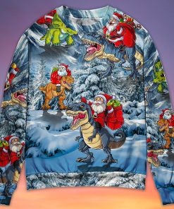 Christmas Santa Claus Riding Dinosaur Christmas Tree Gift Light Art Style Ugly Christmas Sweater
