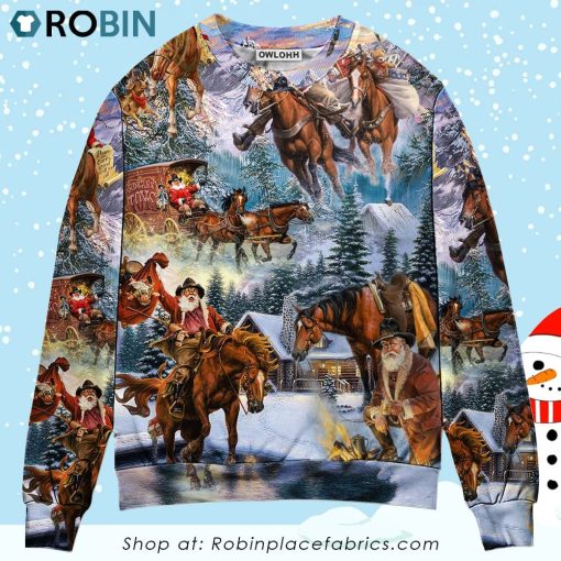 Christmas Santa Claus Riding Horse Snow Mountain Art Style Ugly Christmas Sweater