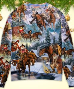 Christmas Santa Claus Riding Horse Snow Mountain Art Style Ugly Christmas Sweater