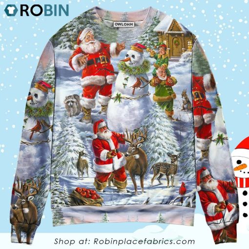 Christmas Santa Claus Snowman Elf So Happy Art Style Christmas Ugly Sweater, Sweatshirt