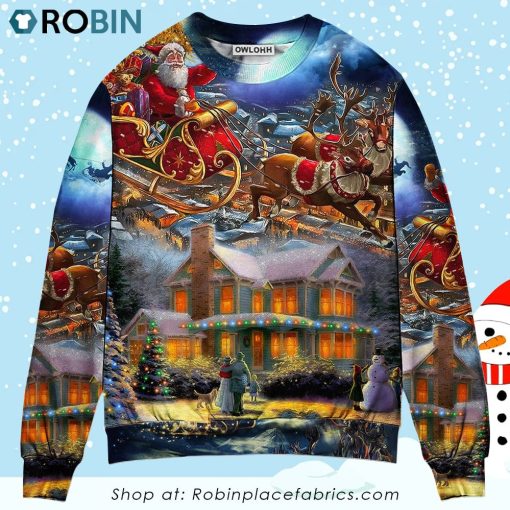 Christmas Santa Claus Snowman Family In Love Light Art Style Christmas Ugly Sweater, Sweatshirt