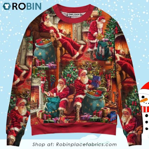 Christmas Santa Claus Story Chilling Happy Xmas Art Style Christmas Ugly Sweater, Sweatshirt