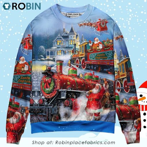 Christmas Santa Claus Train Gift For Xmas Painting Style Ugly Christmas Sweater