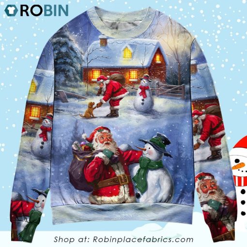 Christmas Santa Love Snowman In The Village Gift For Xmas Christmas Ugly Sweater, Sweatshirt
