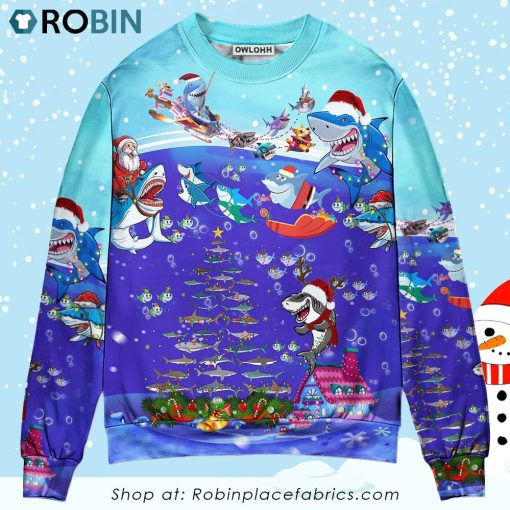 Christmas Santa Shark Sits On Rockets And Brings Gifts To Ocean Christmas Ugly Sweater, Sweatshirt