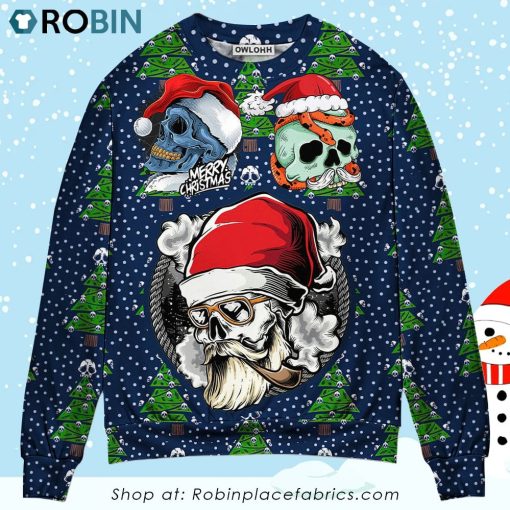 Christmas Skull With Santa Hat Merry Christmas Snow Christmas Ugly Sweater, Sweatshirt