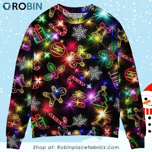 Christmas With Tree And Gift Cookies Gingerbread Man Neon Style New Christmas Ugly Sweater, Sweatshirt