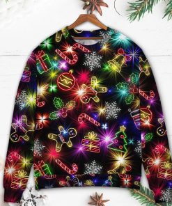 Christmas With Tree And Gift Cookies Gingerbread Man Neon Style New Christmas Ugly Sweater, Sweatshirt