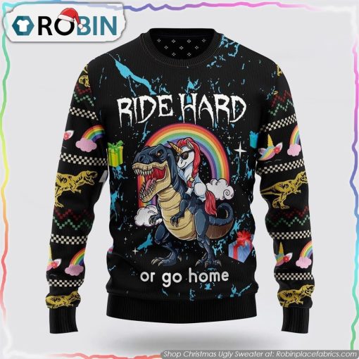 Dinosaur Unicorn Ride Hard Ugly Christmas Sweater